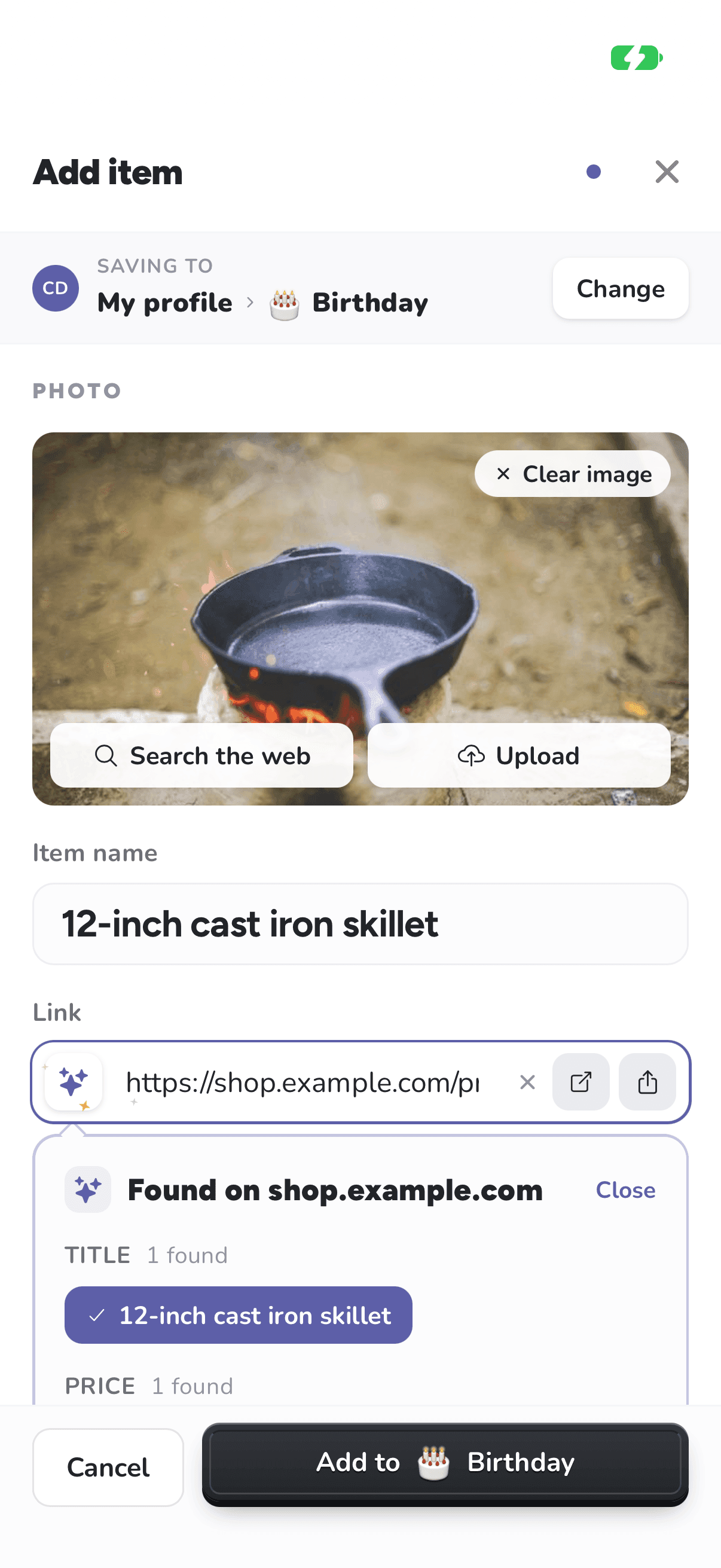 Add item on iPhone, with a skillet's photo, name and $45.00 price filled in