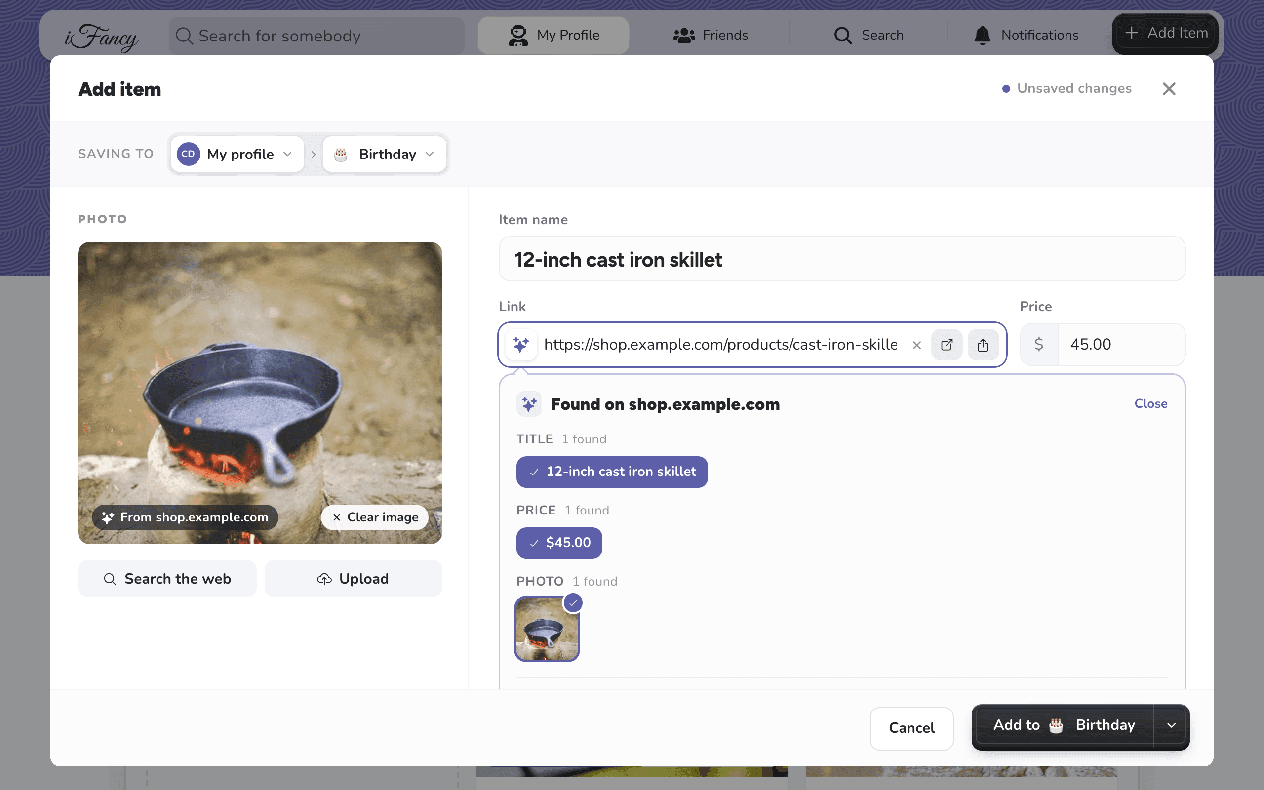 Add item, with a skillet's photo, name and $45.00 price filled in, under Found on shop.example.com
