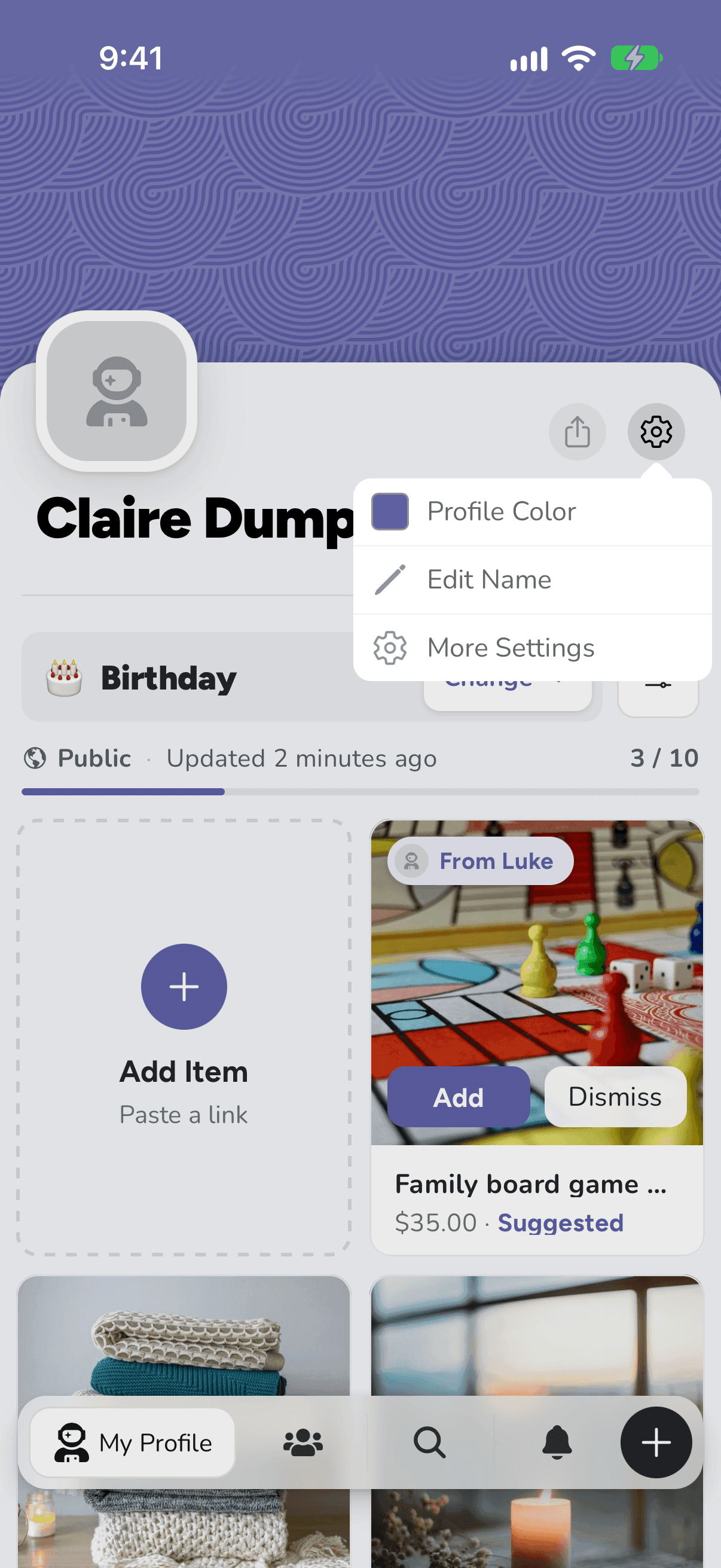 The settings gear's menu on iPhone: Profile Color, Edit Name and More Settings