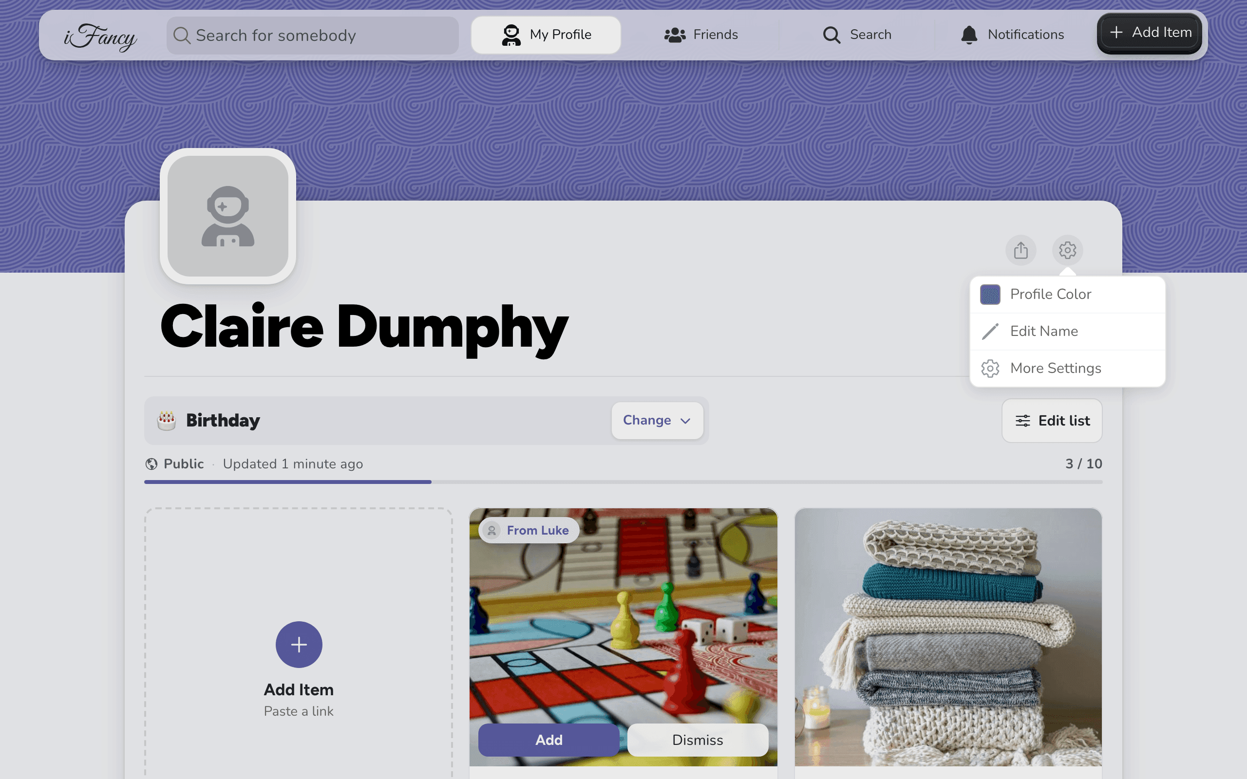 The settings gear's menu on Claire's profile: Profile Color, Edit Name and More Settings