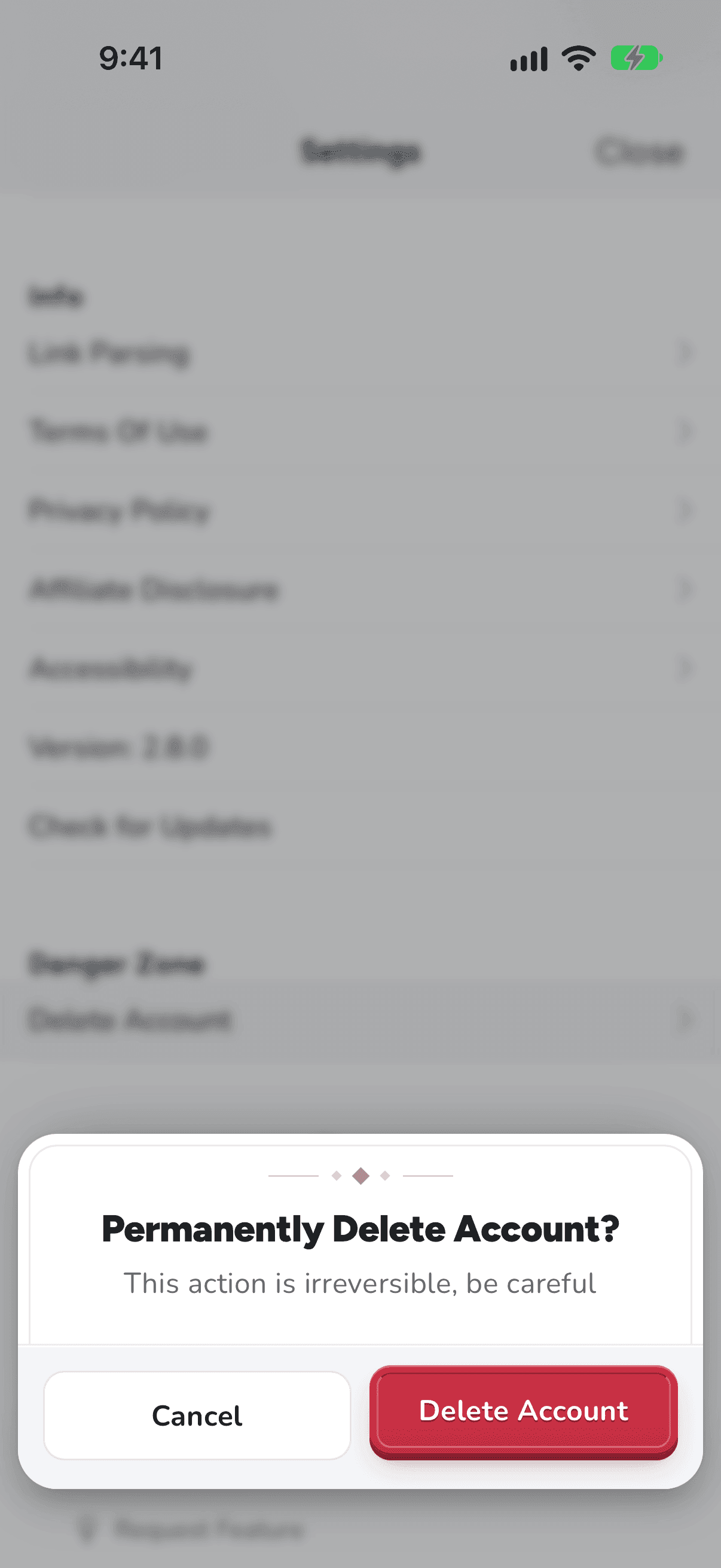 Permanently Delete Account? on iPhone, with Cancel and Delete Account