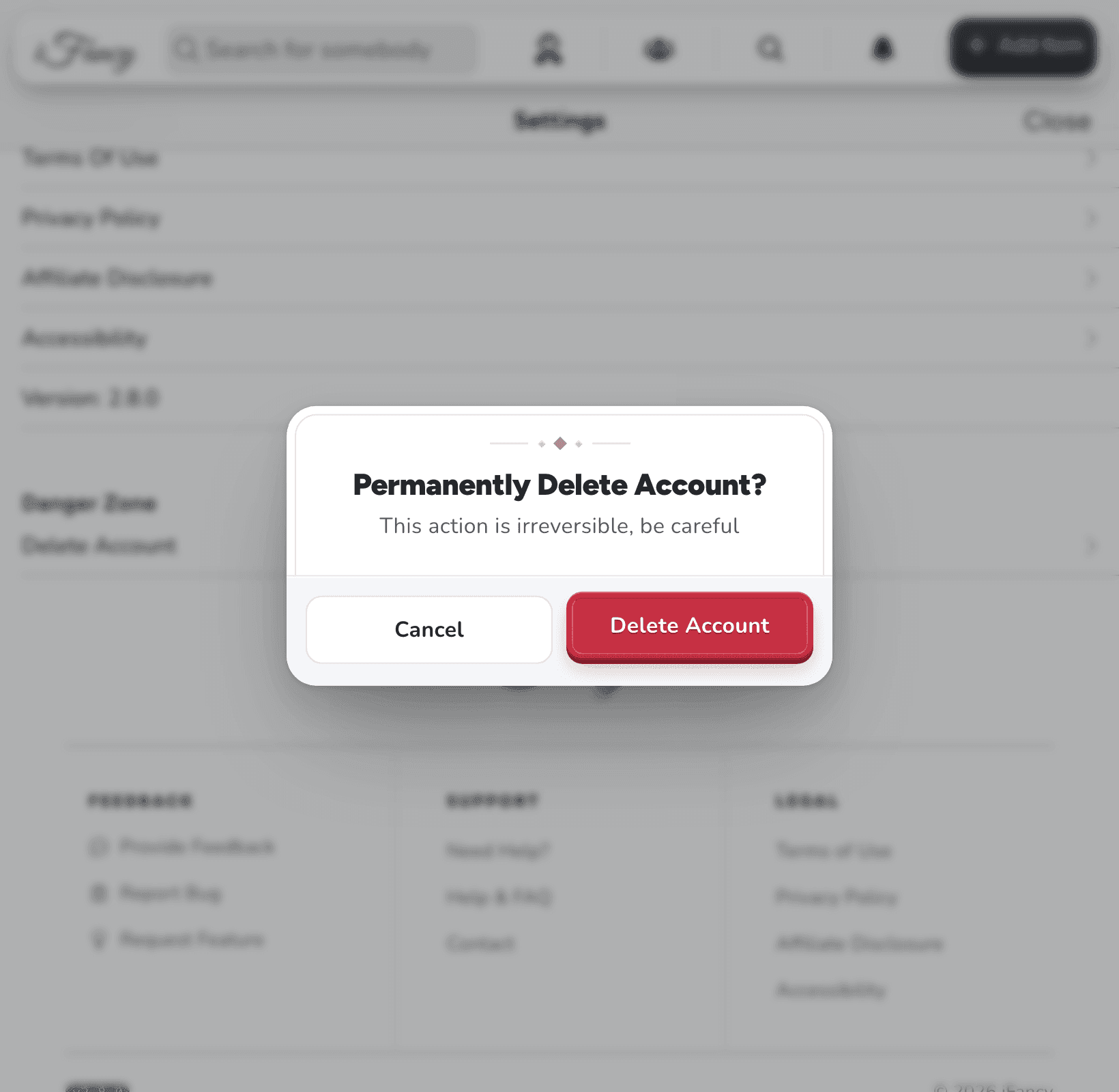 Permanently Delete Account? This action is irreversible, with Cancel and Delete Account