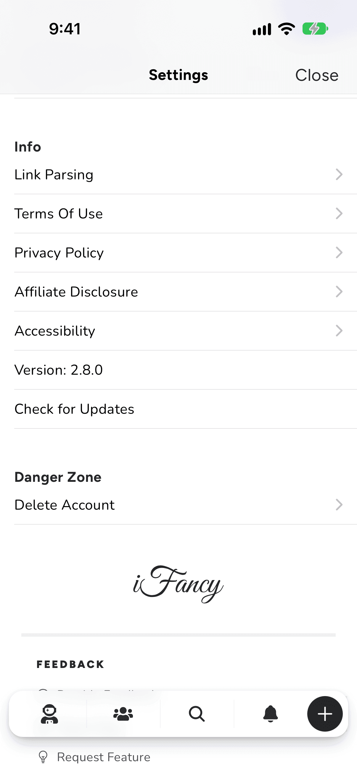 Danger Zone on iPhone, with Delete Account