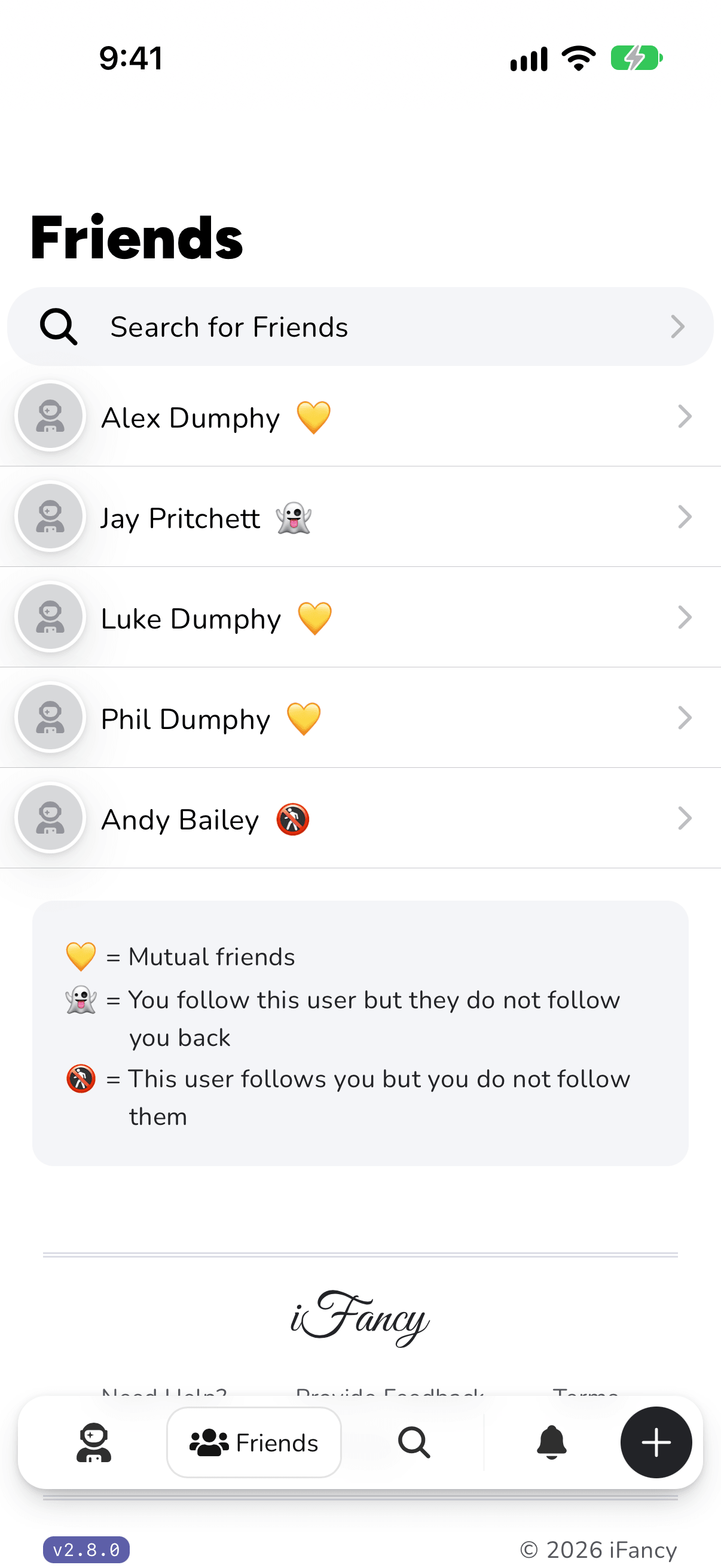 The Friends page on iPhone, with a marker next to each person