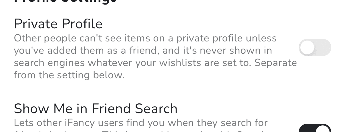 Profile Settings on iPhone, with the Private Profile and Show Me in Friend Search switches