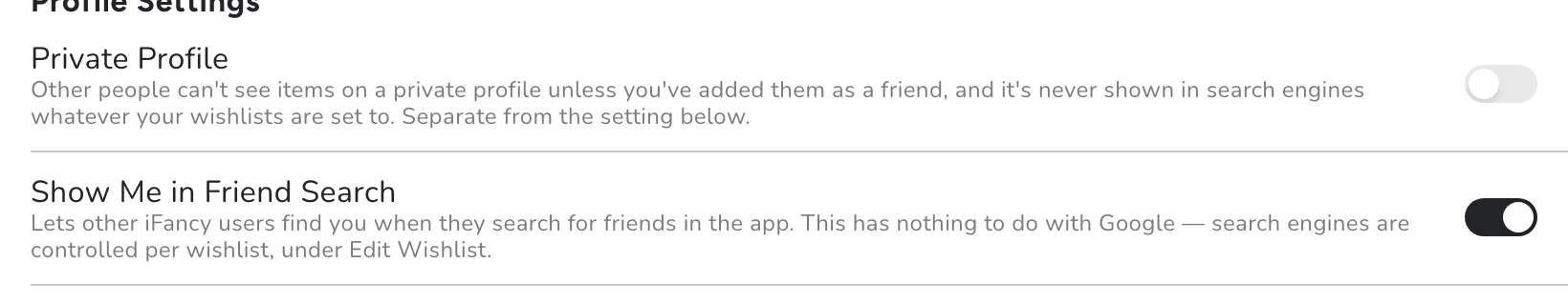 Profile Settings, with the Private Profile and Show Me in Friend Search switches