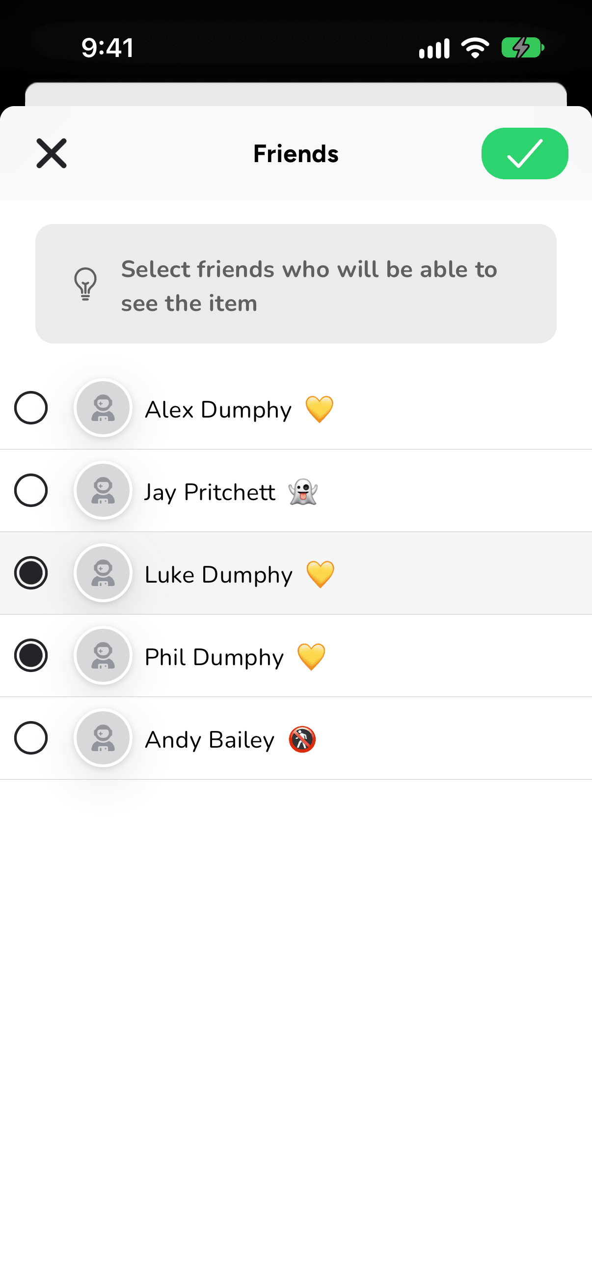 The friend picker on iPhone, with Phil Dumphy and Luke Dumphy ticked