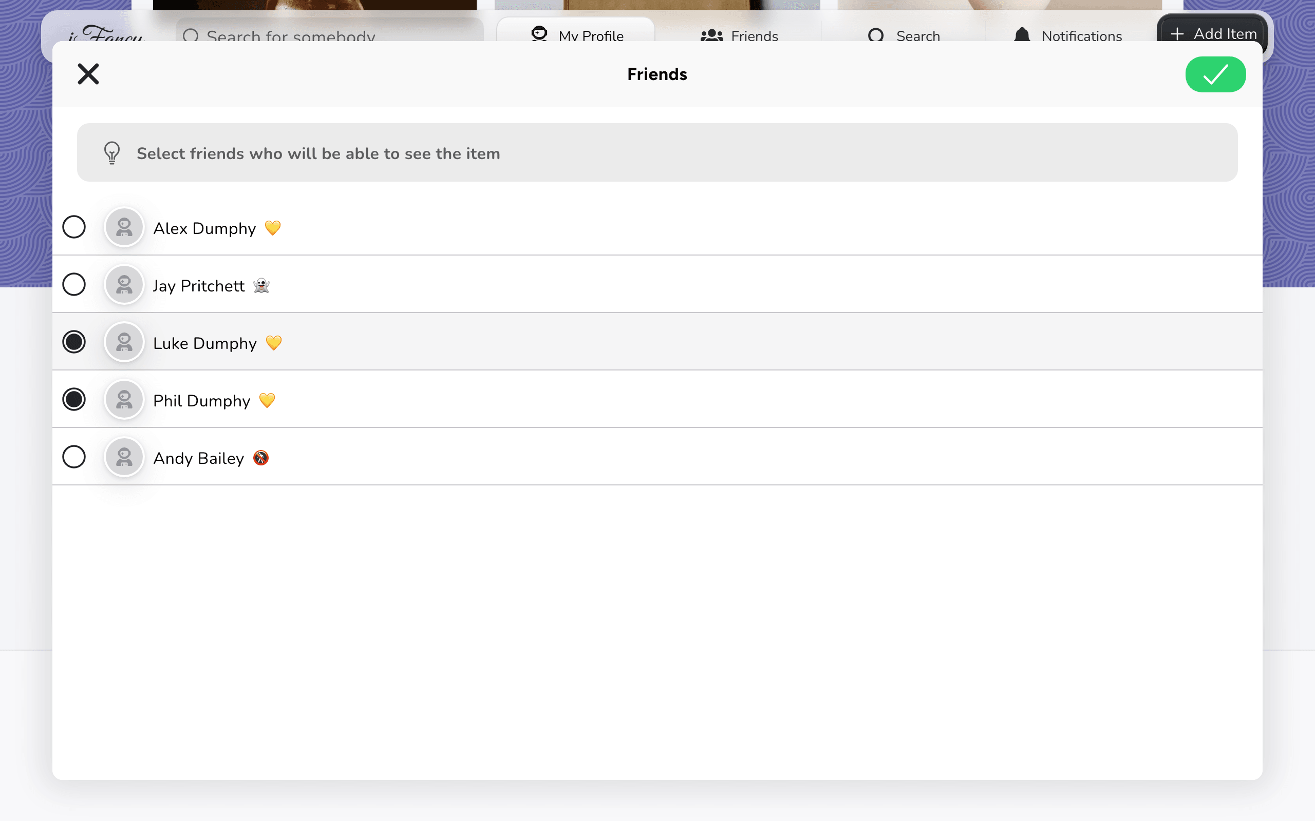 The friend picker, with Phil Dumphy and Luke Dumphy ticked