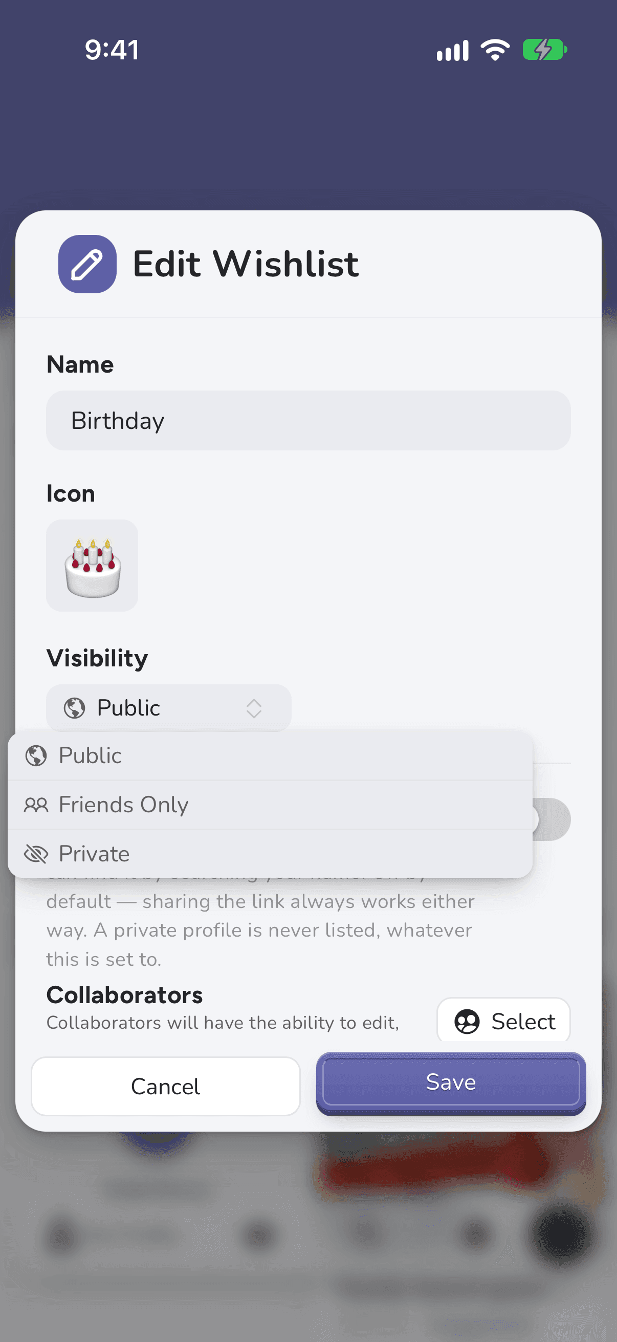 The Visibility choices on iPhone: Public, Friends Only and Private