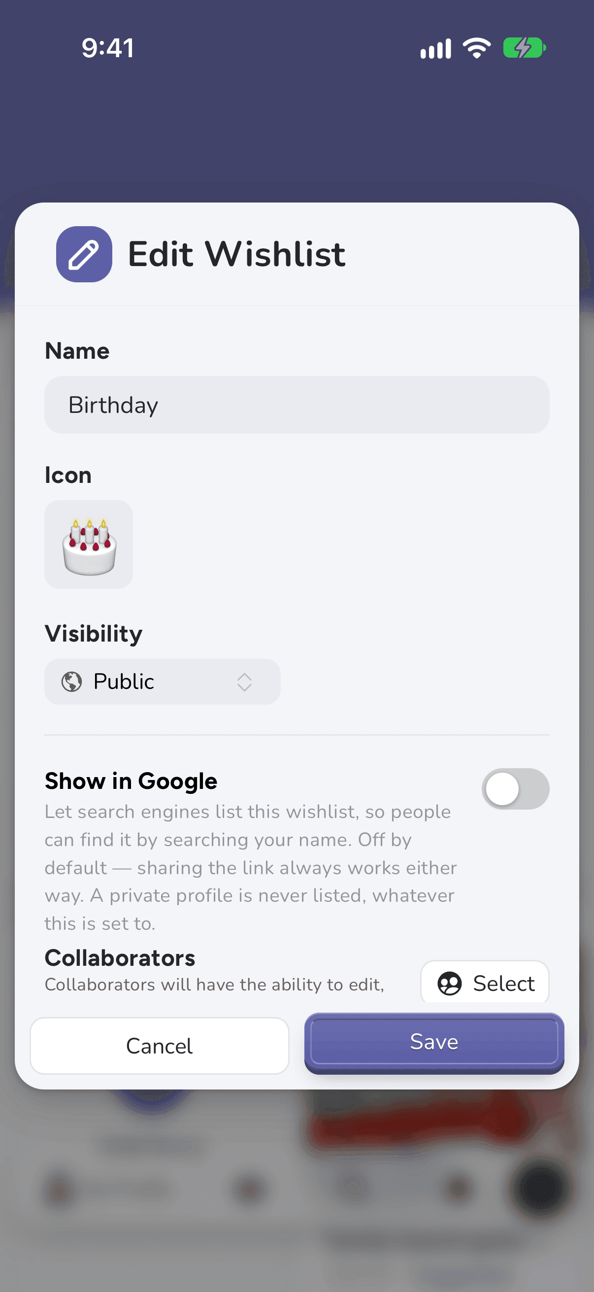 Edit Wishlist on iPhone, with Name, Icon, Visibility, Show in Google and Collaborators