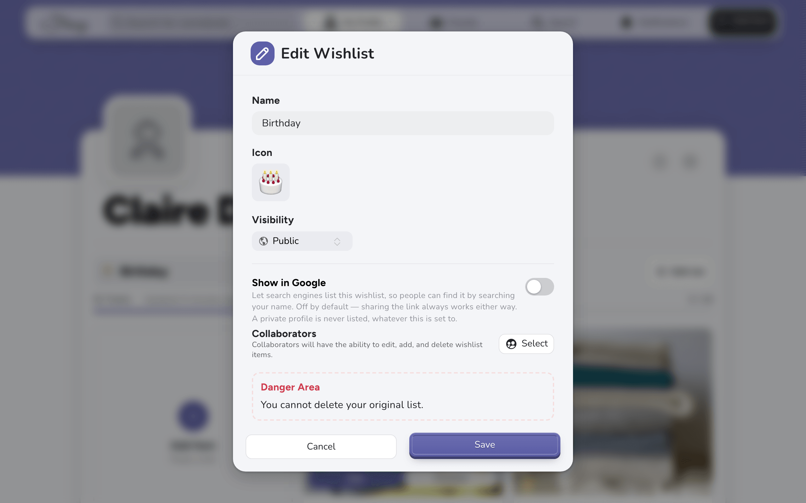 The Edit Wishlist window, with Name, Icon, Visibility, Show in Google and Collaborators