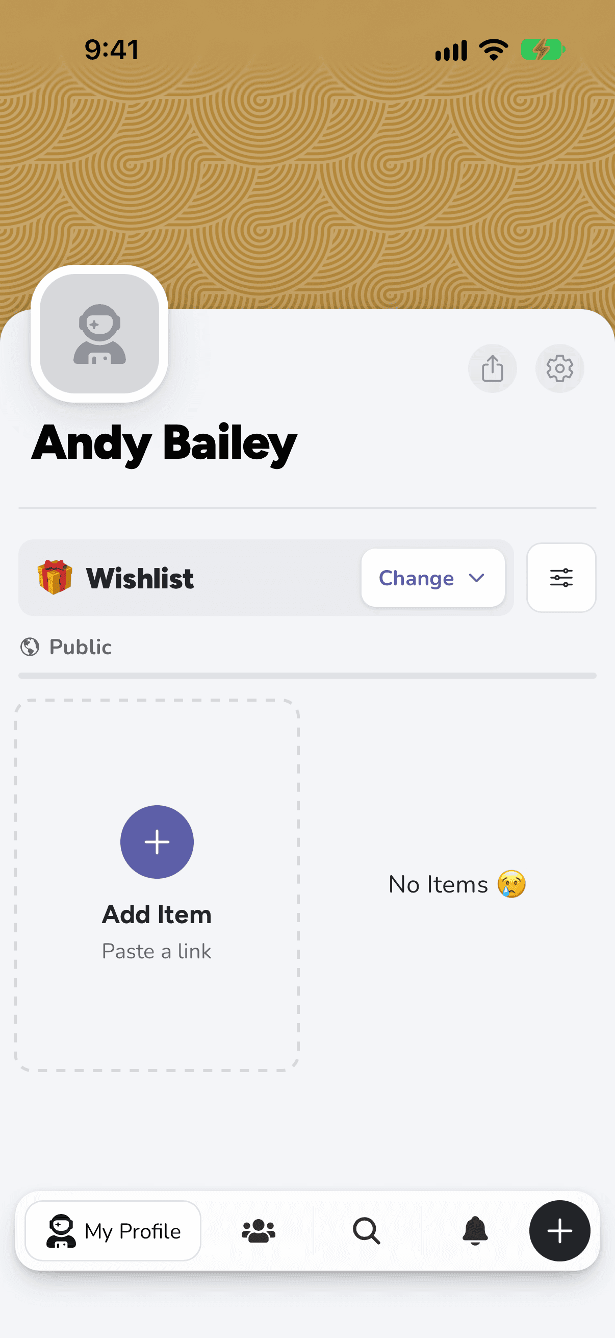 A new, empty wishlist on iPhone, with an Add Item tile