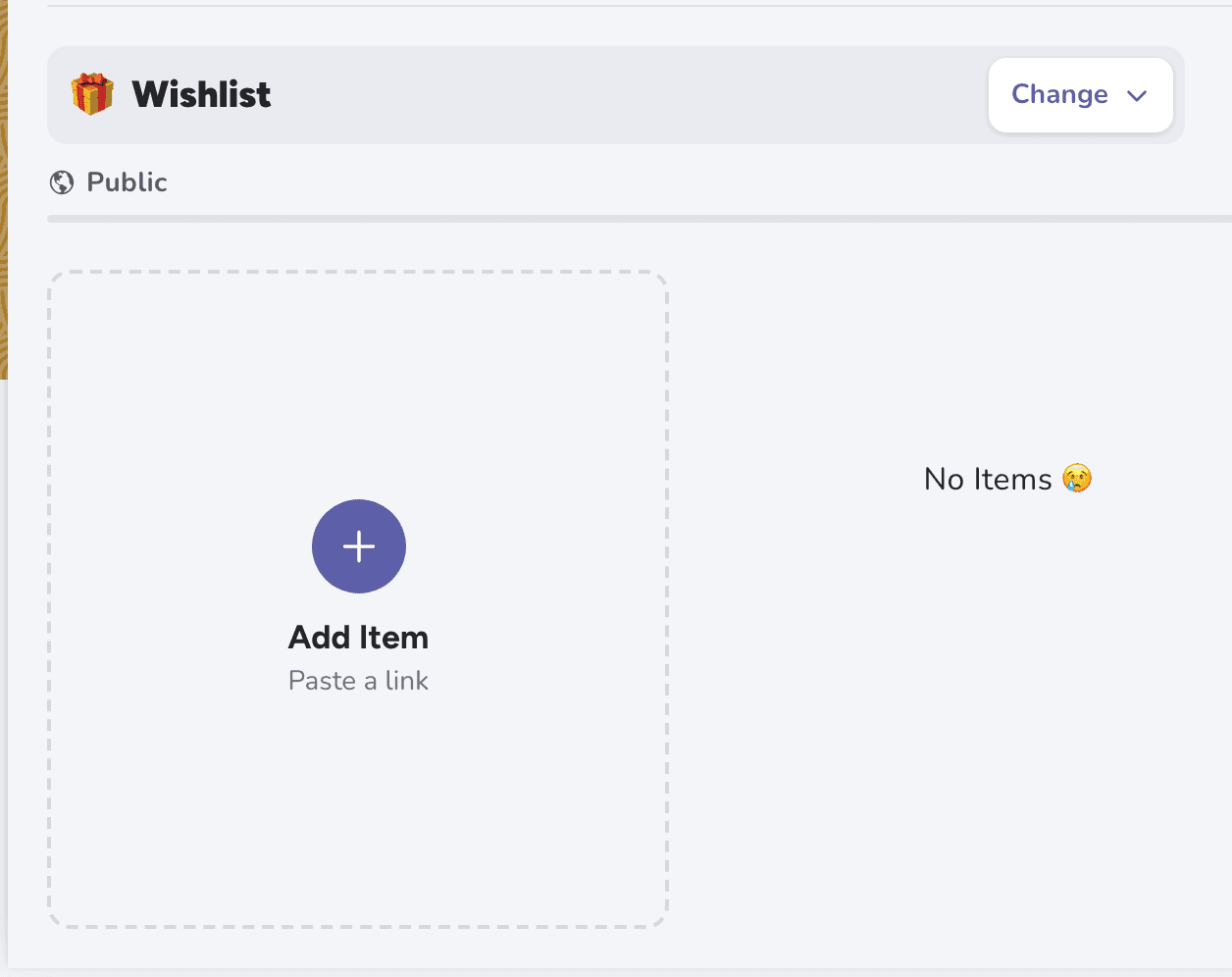 A new, empty wishlist with an Add Item tile: Paste a link
