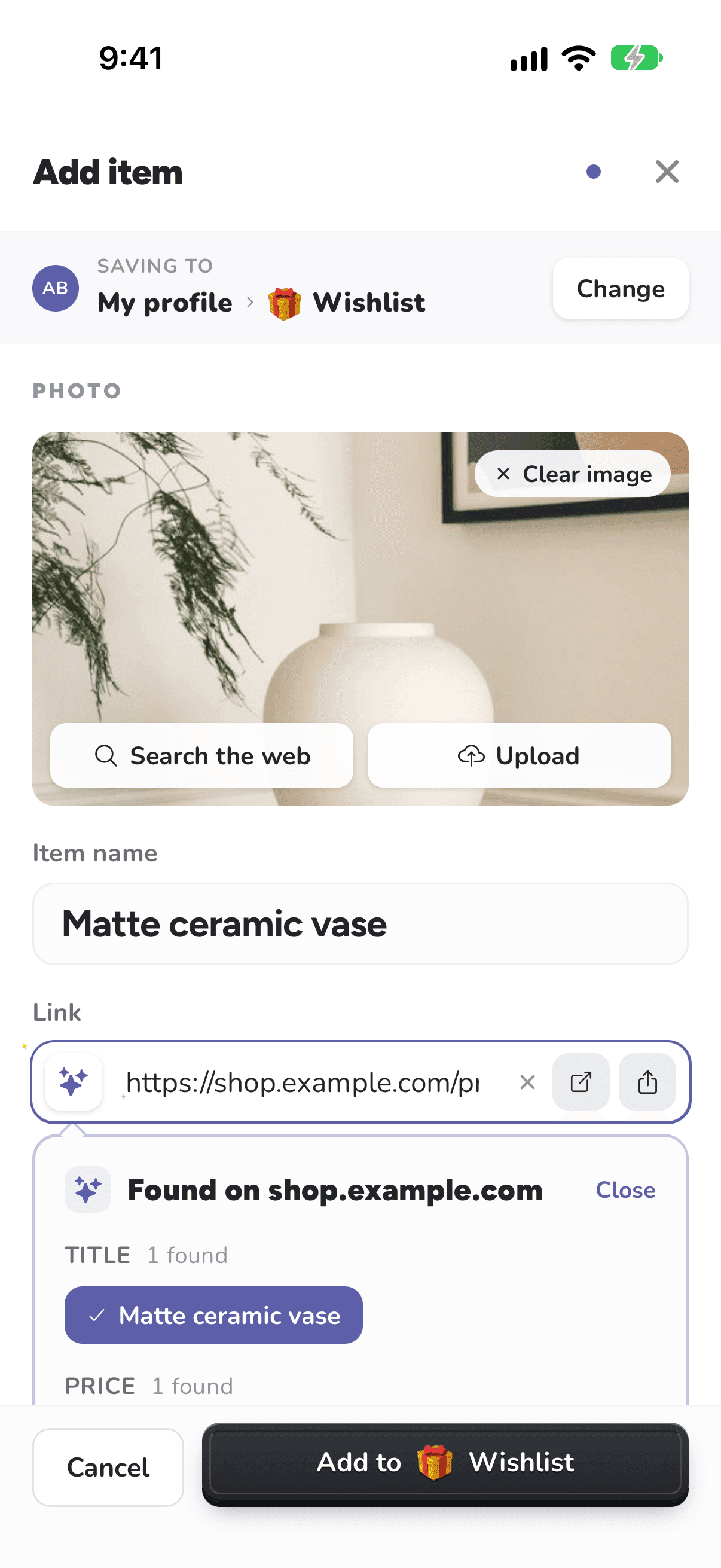 Add item on iPhone, with a vase's photo, name and price filled in from a shop link