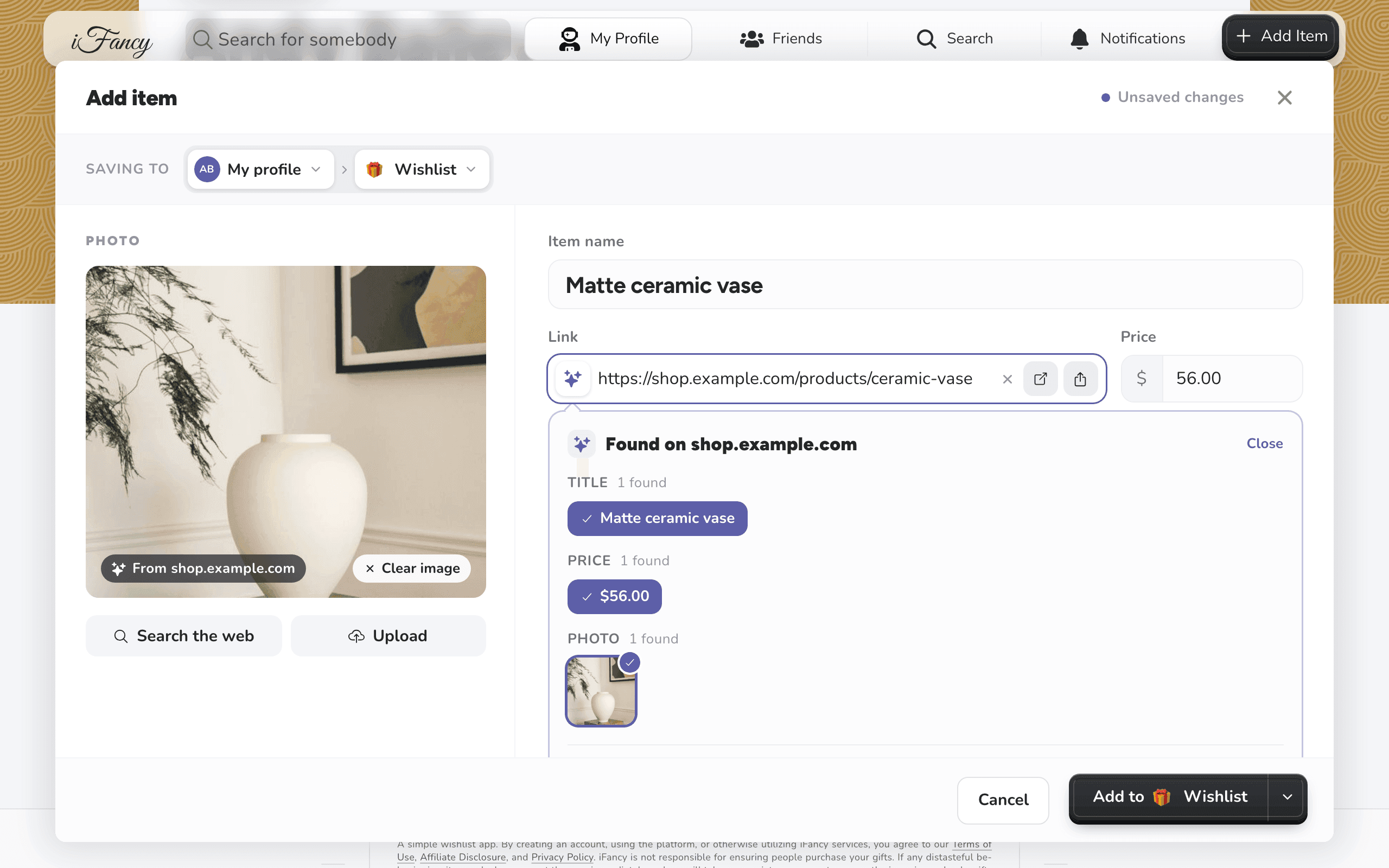Add item, with a vase's photo, name and price filled in from a shop link
