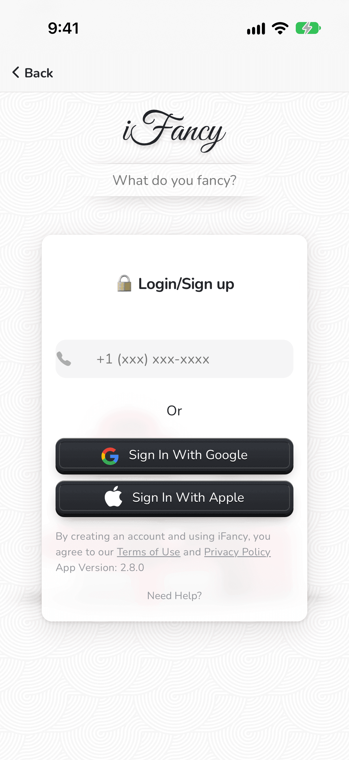 The Login/Sign up card on iPhone, with a phone number field, Sign In With Google and Sign In With Apple