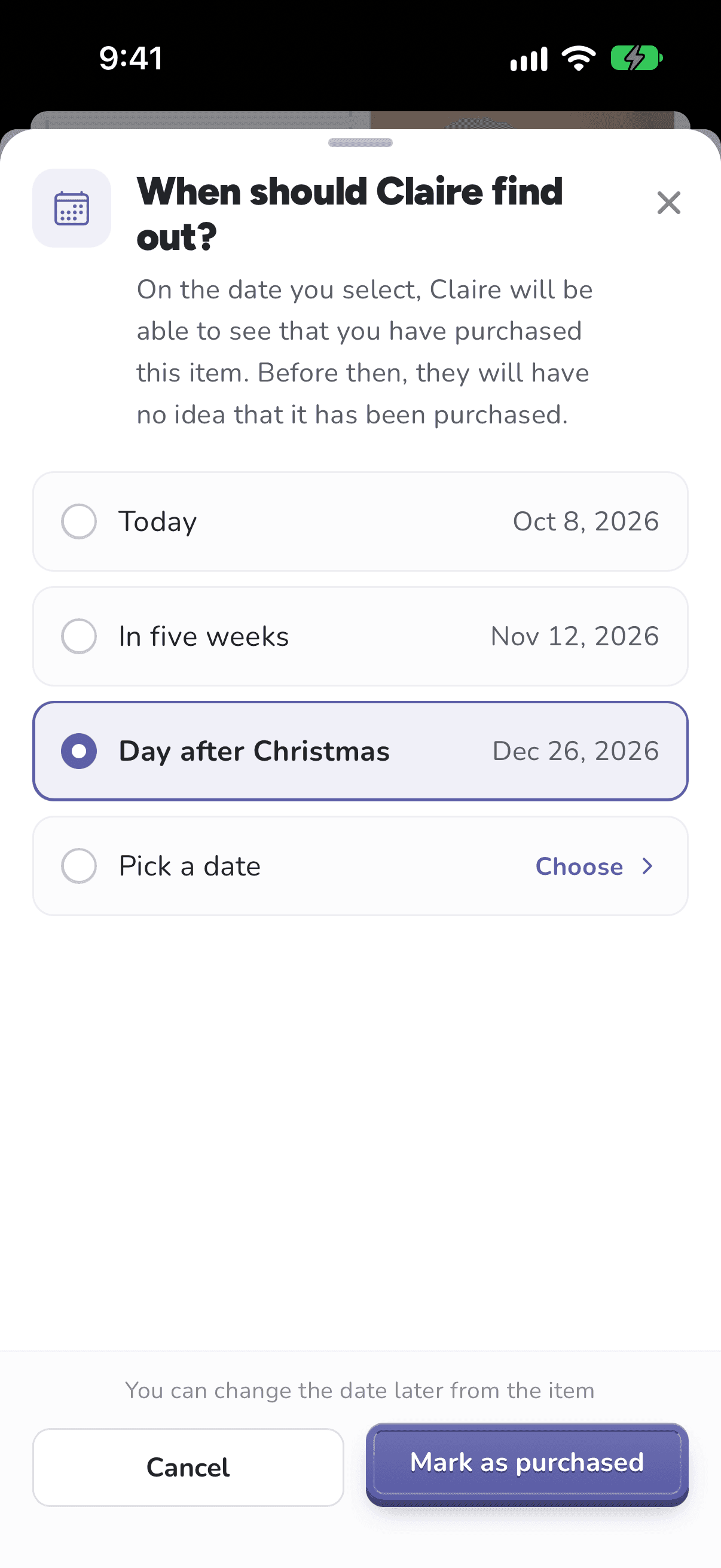 When should Claire find out? on iPhone, with the reveal date choices
