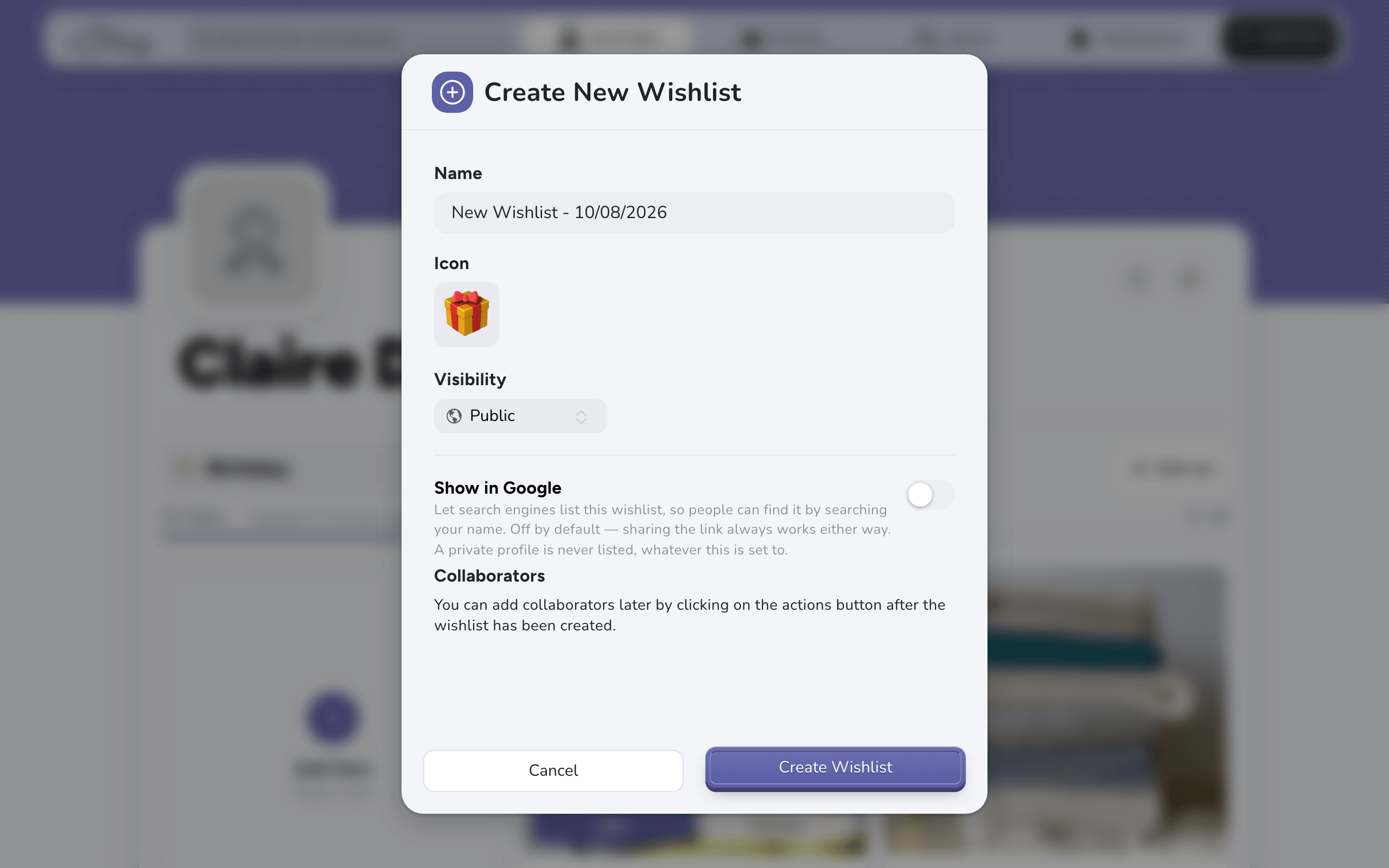 Create New Wishlist, with Name, Icon, Visibility and Show in Google