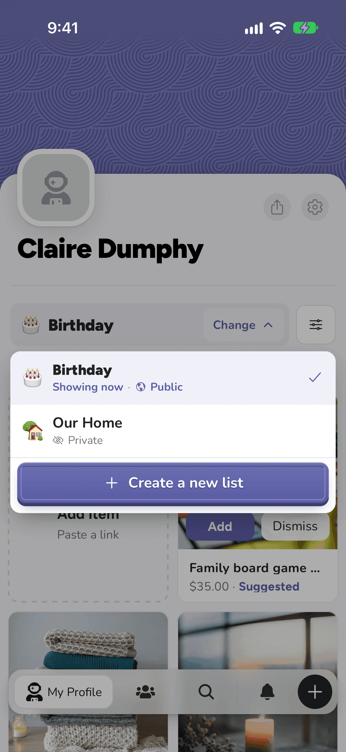 The list switcher on iPhone, with Create a new list