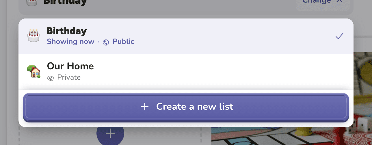 The list switcher, with Birthday, Our Home and Create a new list