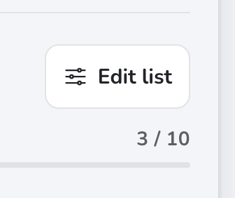 The right end of a list's bar: Edit list, and 3 / 10 above a progress bar