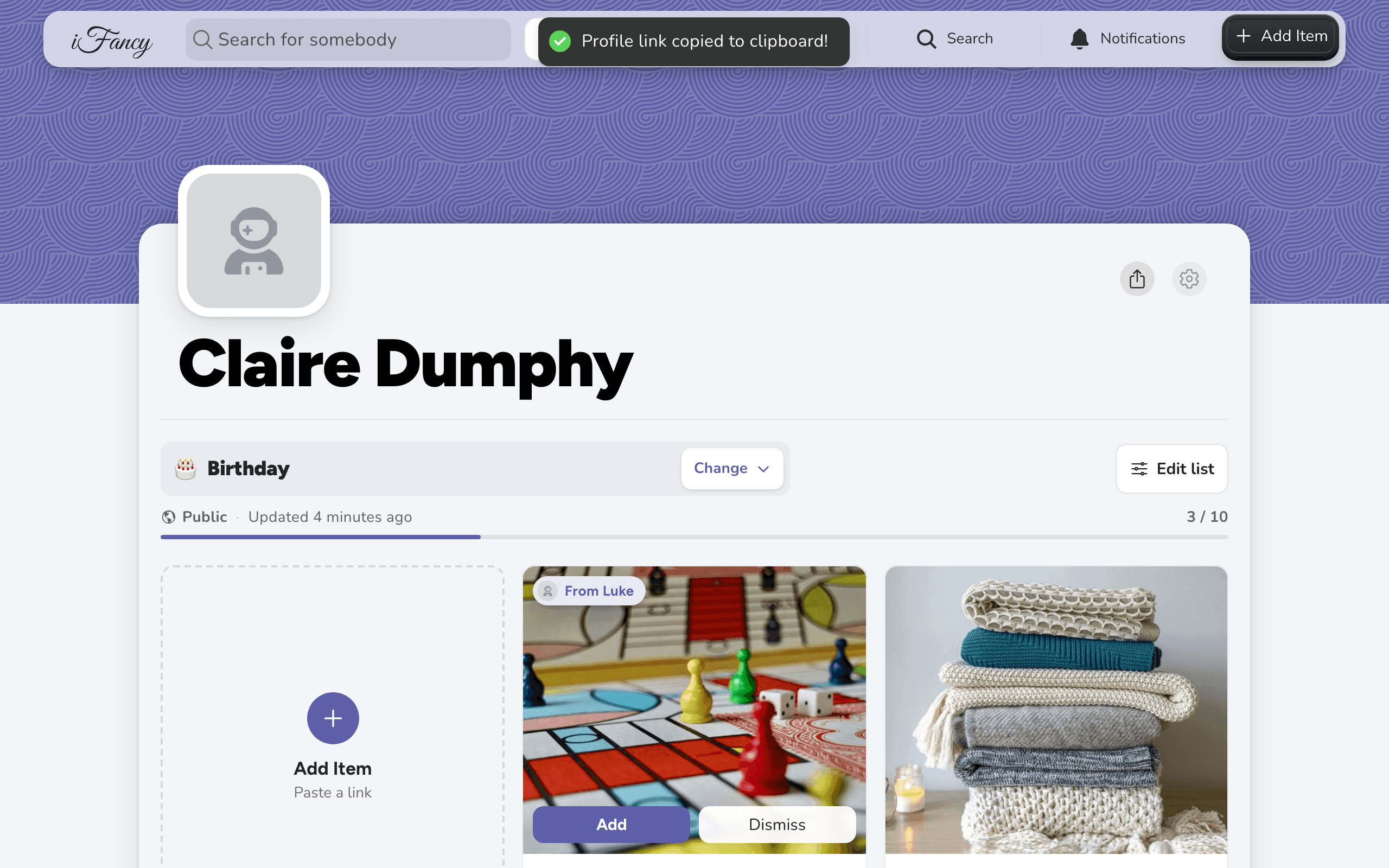 Claire's profile with the message Profile link copied to clipboard!