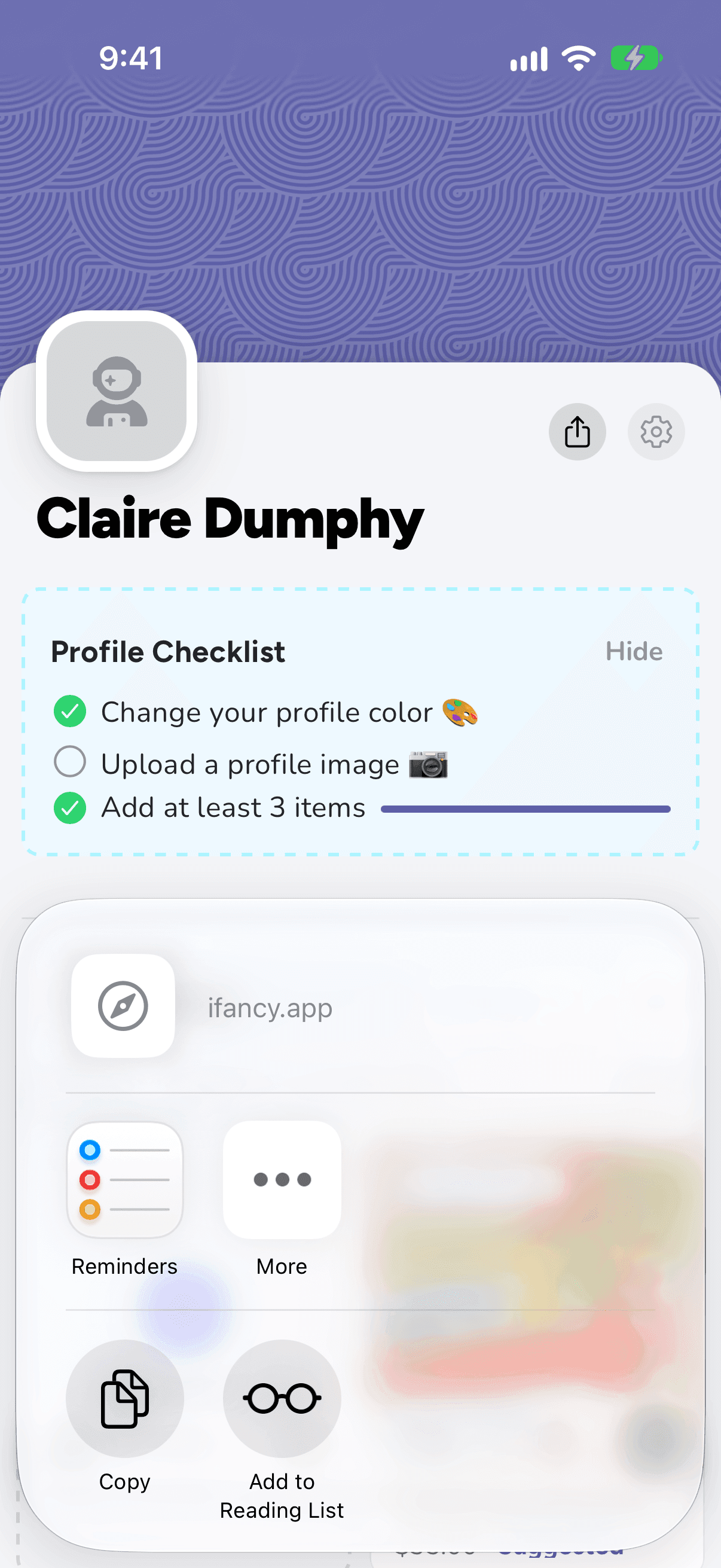 The iPhone share sheet, opened from Claire's profile, with Copy among its options