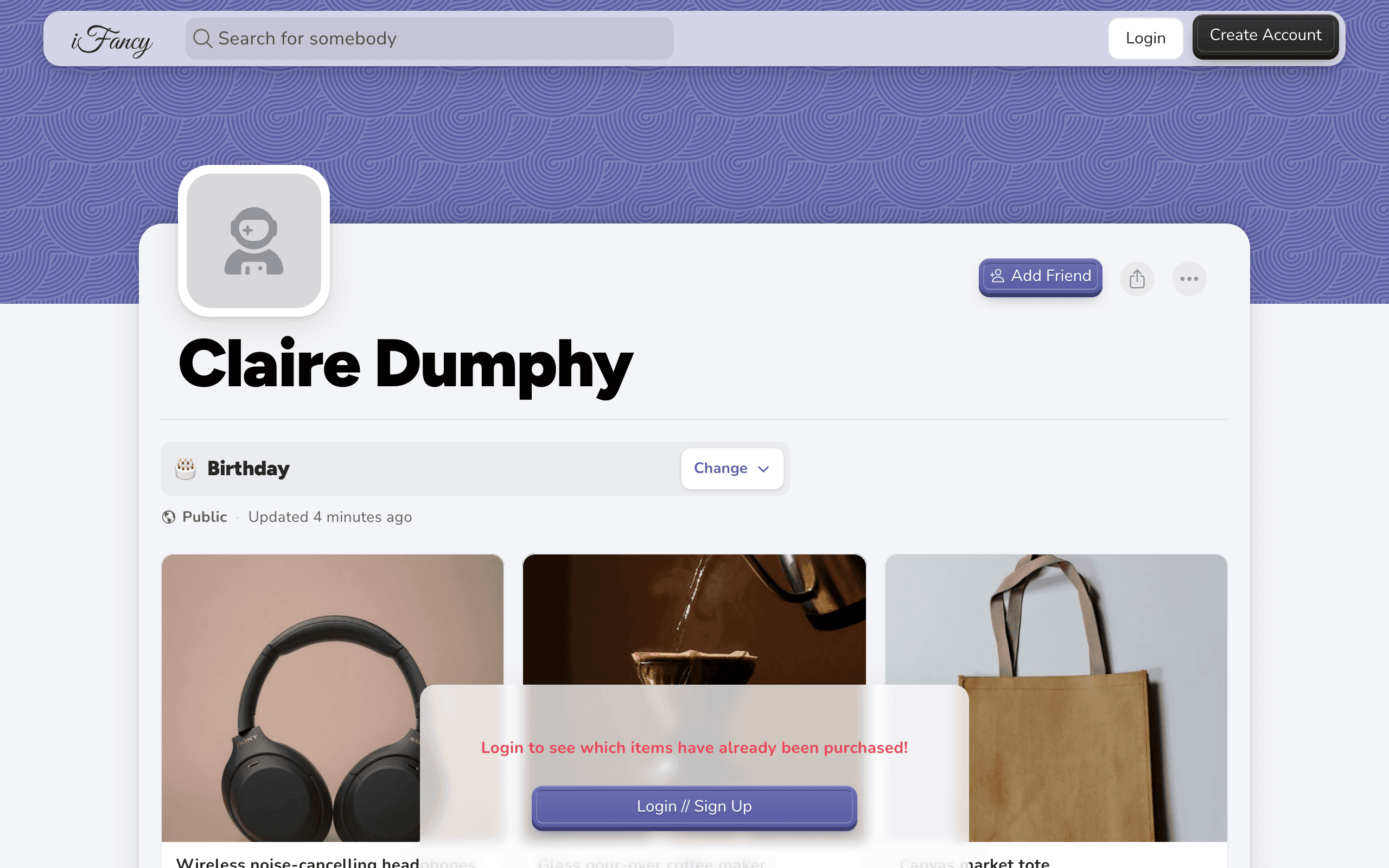 Claire's Birthday list as someone without an account sees it, with a Login prompt at the bottom