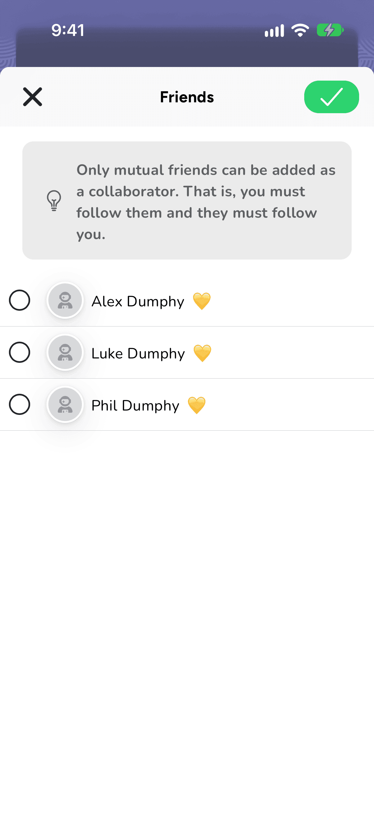 Choosing collaborators on iPhone: Only mutual friends can be added as a collaborator