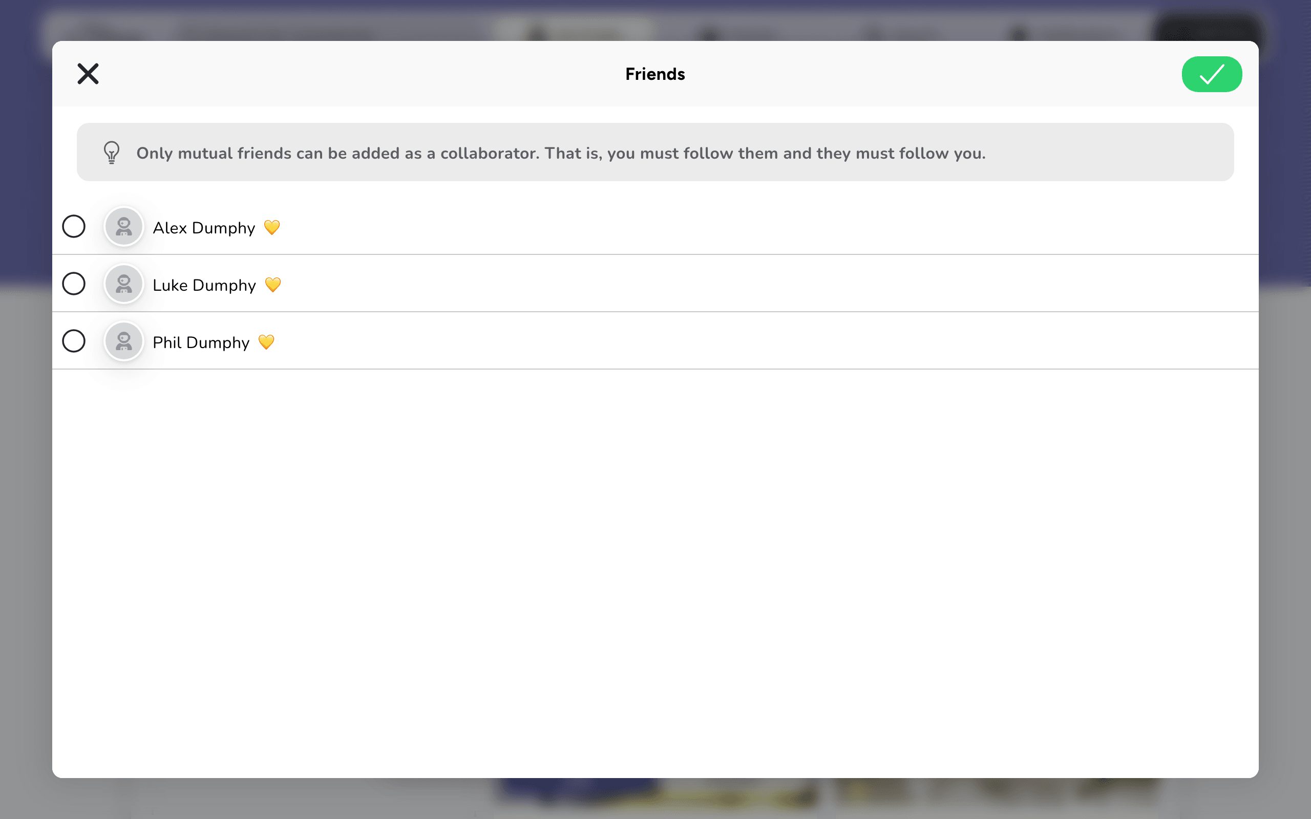 Choosing collaborators for a list, from mutual friends