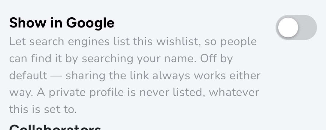 The Show in Google switch on iPhone, off, with its explanation