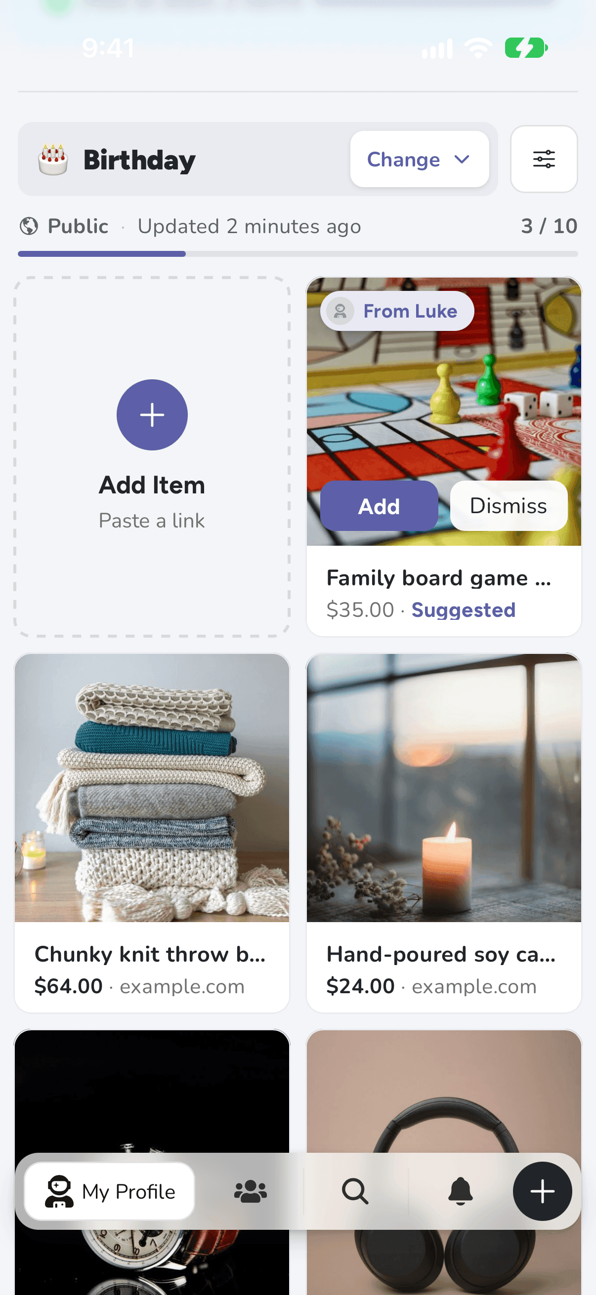 A suggestion at the top of Claire's list on iPhone, From Luke, with Add and Dismiss