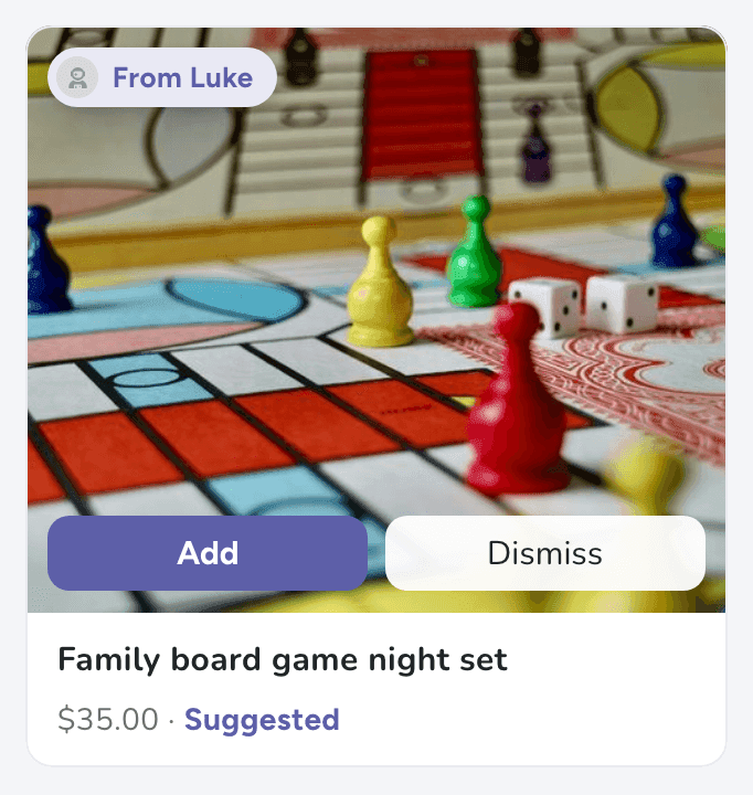 A suggestion at the top of Claire's list, From Luke, with Add and Dismiss buttons