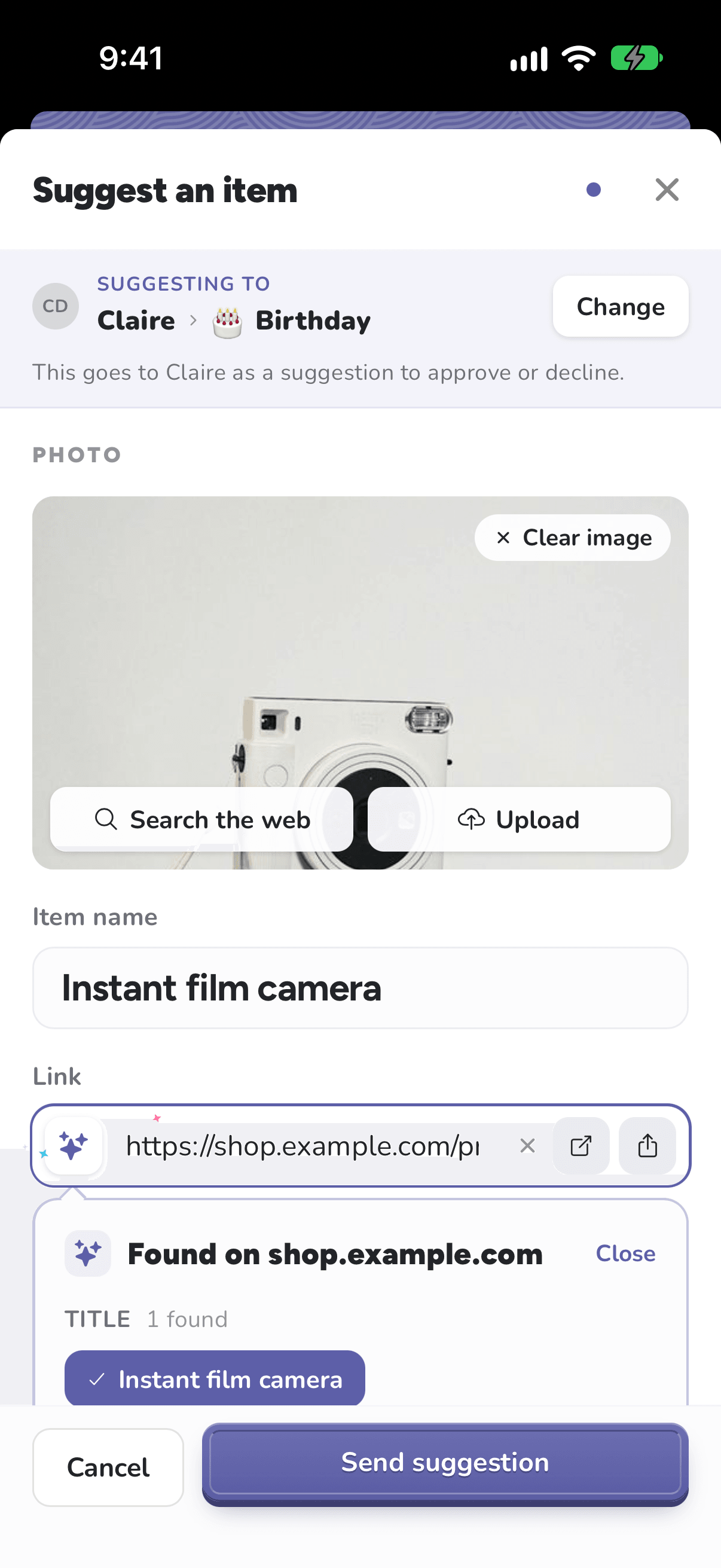 Suggest an item on iPhone, with an instant camera filled in