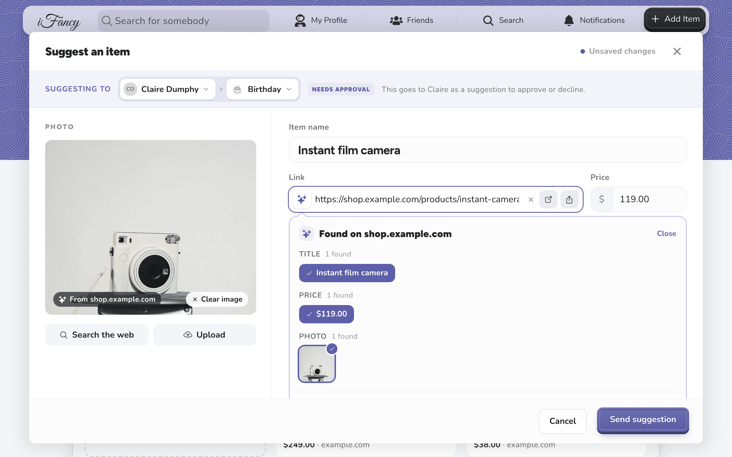 Suggest an item, with an instant camera filled in from a shop link