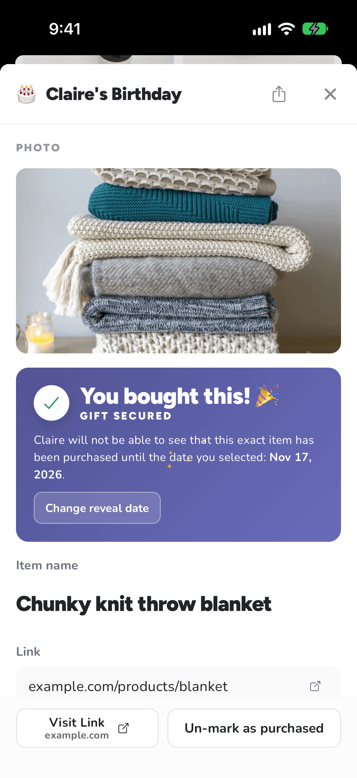An item you marked, opened on iPhone, with Change reveal date and Un-mark as purchased