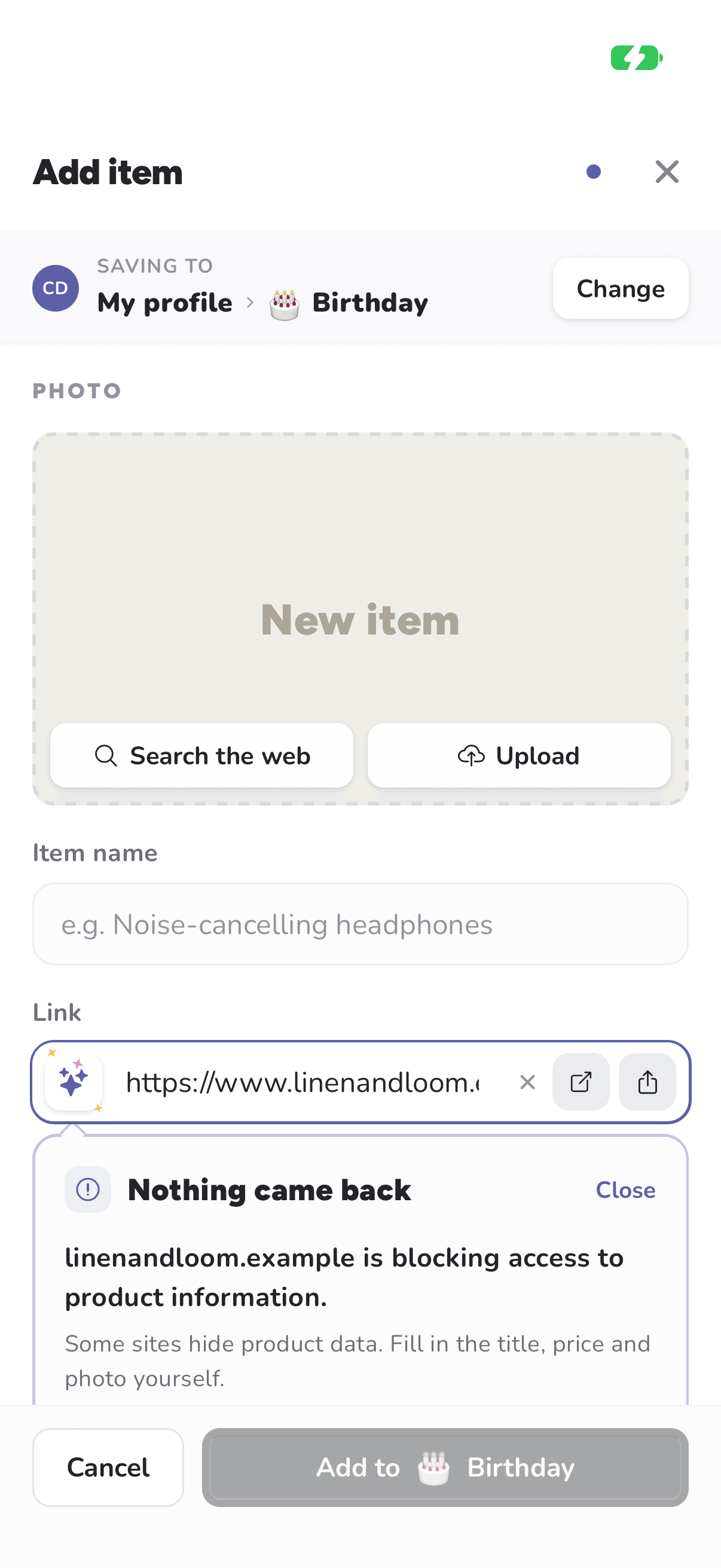 Add item on iPhone with the message Nothing came back: the shop is blocking access to product information